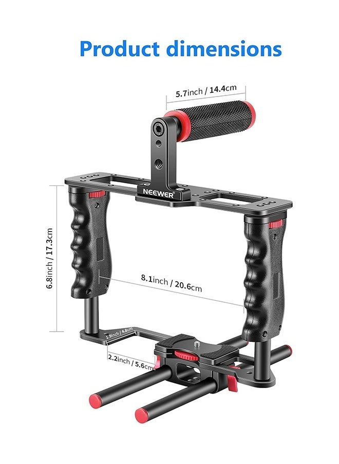 NEEWER Camera Video Cage Film Movie Making Kit, Aluminum Alloy with Top Handle, Dual Hand Grip, Two 15mm Rods, Compatible with Canon Sony Fujifilm Nikon DSLR Camera and Camcorder (Black + Red)