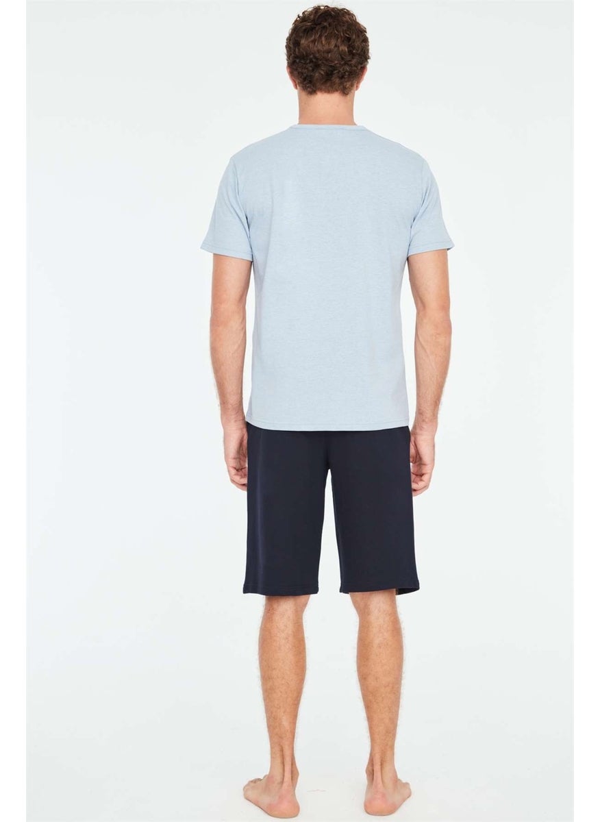 - Men's Blue Melange T-Shirt Shorts Set