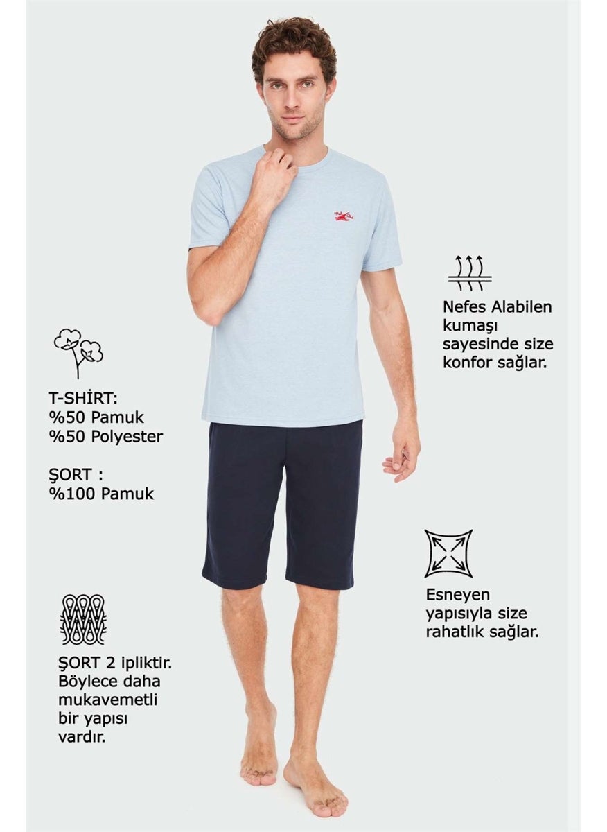 - Men's Blue Melange T-Shirt Shorts Set