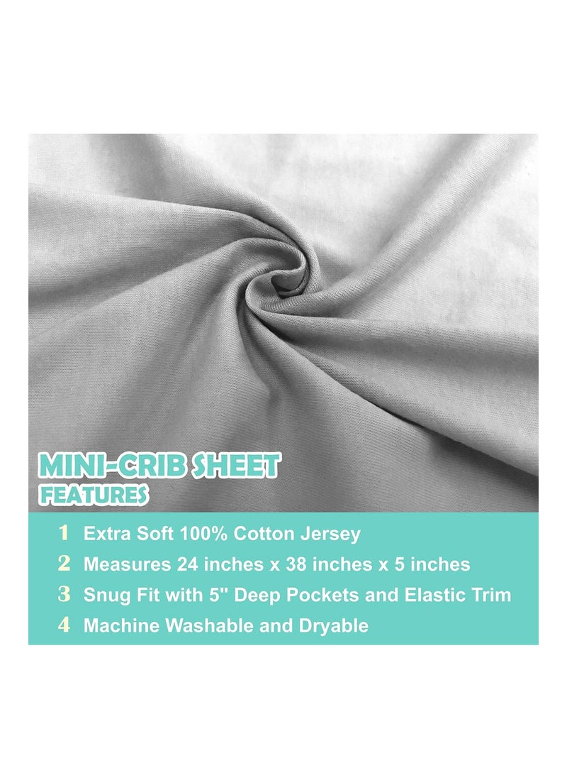 100% Natural Cotton Value Jersey Knit Fitted Portable/Mini-Crib Sheet, Gray, Soft Breathable, For Boys And Girls, 24