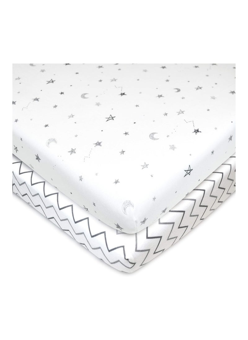 2 Pack Printed 100% Natural Cotton Jersey Knit Fitted Portable/Mini-Crib Sheet, Gray Stars/Zigzag, Soft Breathable, For Boys And Girls