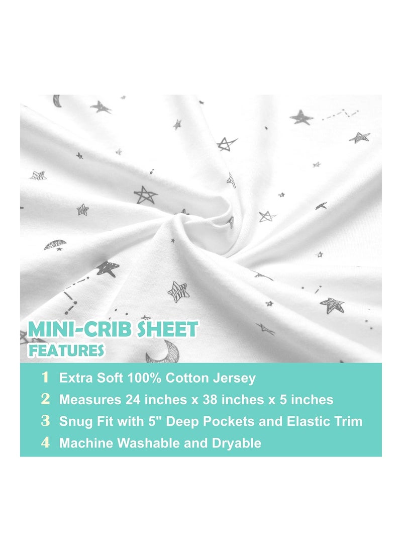 2 Pack Printed 100% Natural Cotton Jersey Knit Fitted Portable/Mini-Crib Sheet, Gray Stars/Zigzag, Soft Breathable, For Boys And Girls