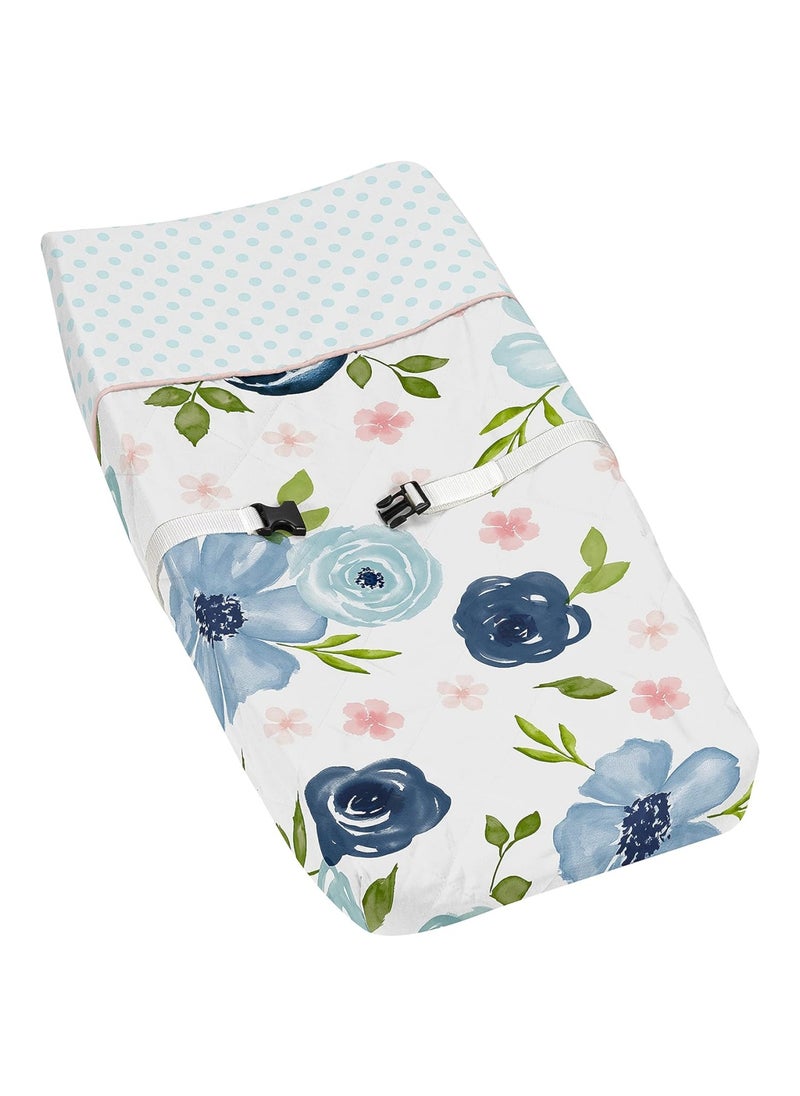 Navy Blue And Pink Watercolor Floral Girl Baby Nursery Changing Pad Cover