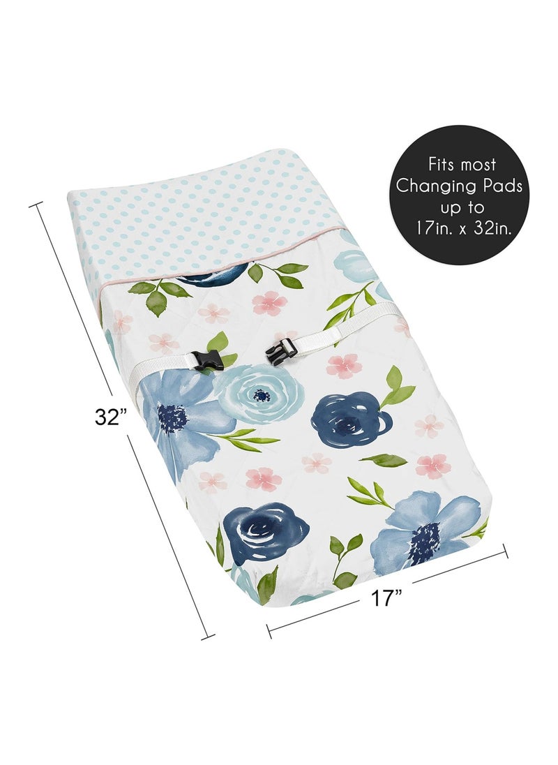 Navy Blue And Pink Watercolor Floral Girl Baby Nursery Changing Pad Cover