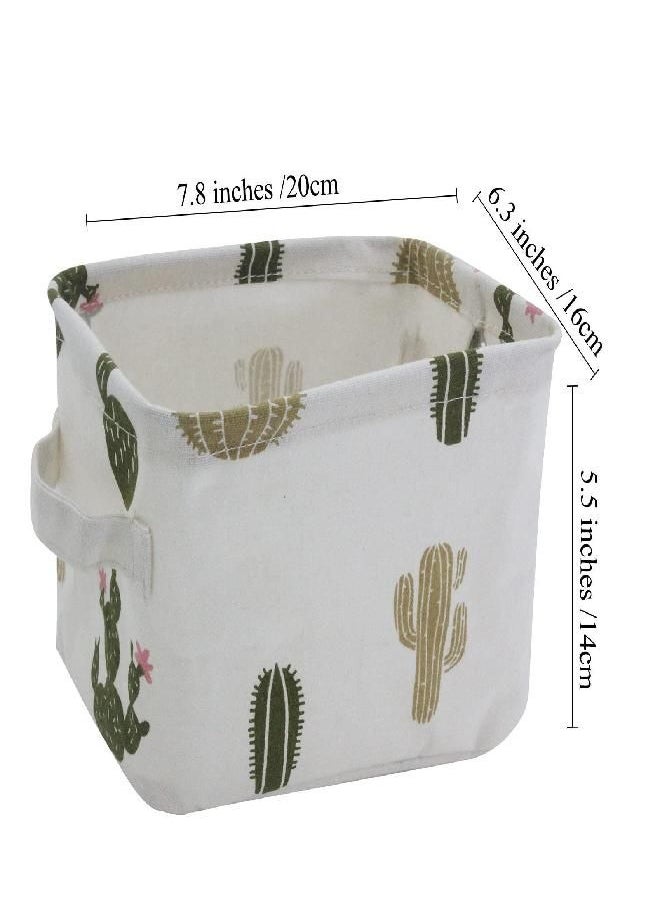 Mziart Cute Small Storage Basket with Handle, Foldable Cotton Fabric Storage Organizer Box for Nursery Kids Babies Room Shelves & Desks (Multi-colored Cactus)