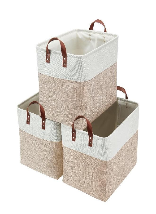 DECOMOMO Large Storage Baskets | Closet Storage Bins 17x12x13inch Canvas Baskets For Storage Laundry Nursery Toys Cloth Linen (Beige & White, XXL - 3 Pack)