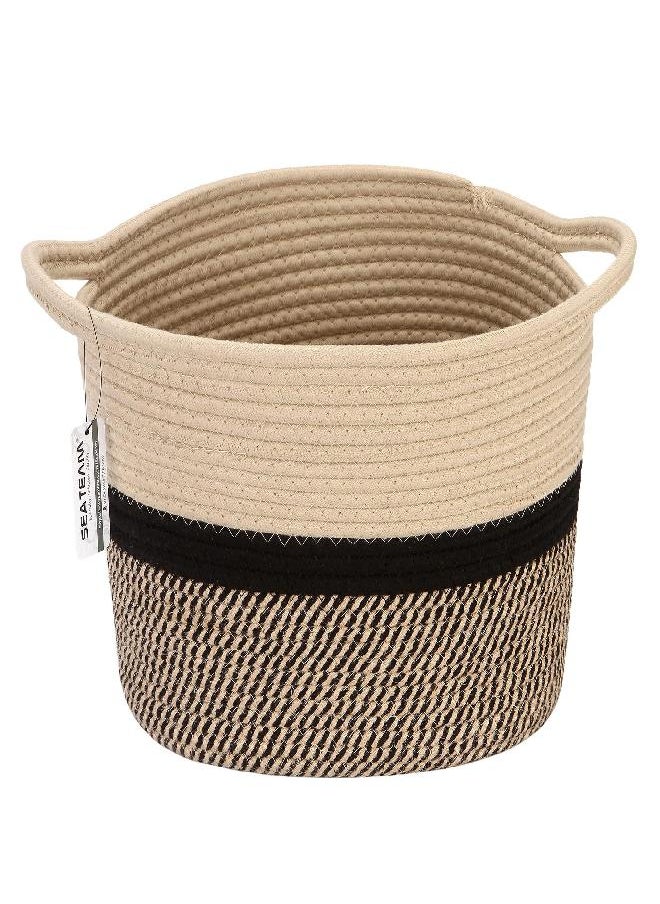 Sea Team Oval Cotton Rope Woven Storage Basket with Handles, Diaper Caddy, Nursery Nappies Organizer, Baby Shower Basket for Kid's Room, 12.2 x 8.7 x 9 Inches (Small Size, Flaxen & Black)