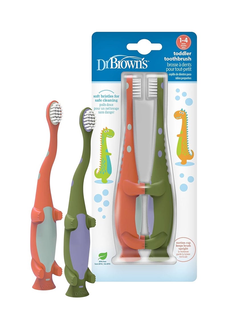 Dr. Brown's Toddler Toothbrush, Dinosaur, Green and Orange, 2-Pack