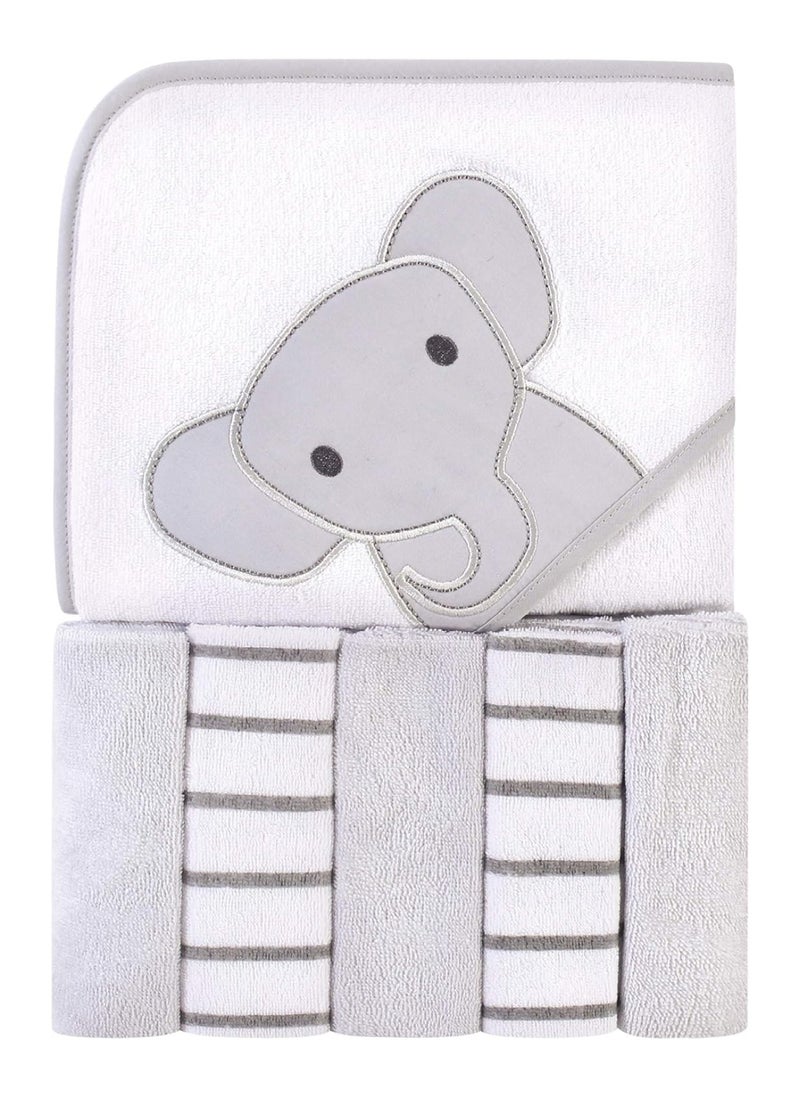 Unisex Baby Hooded Towel And Five Washcloths, Modern Elephant, One Size