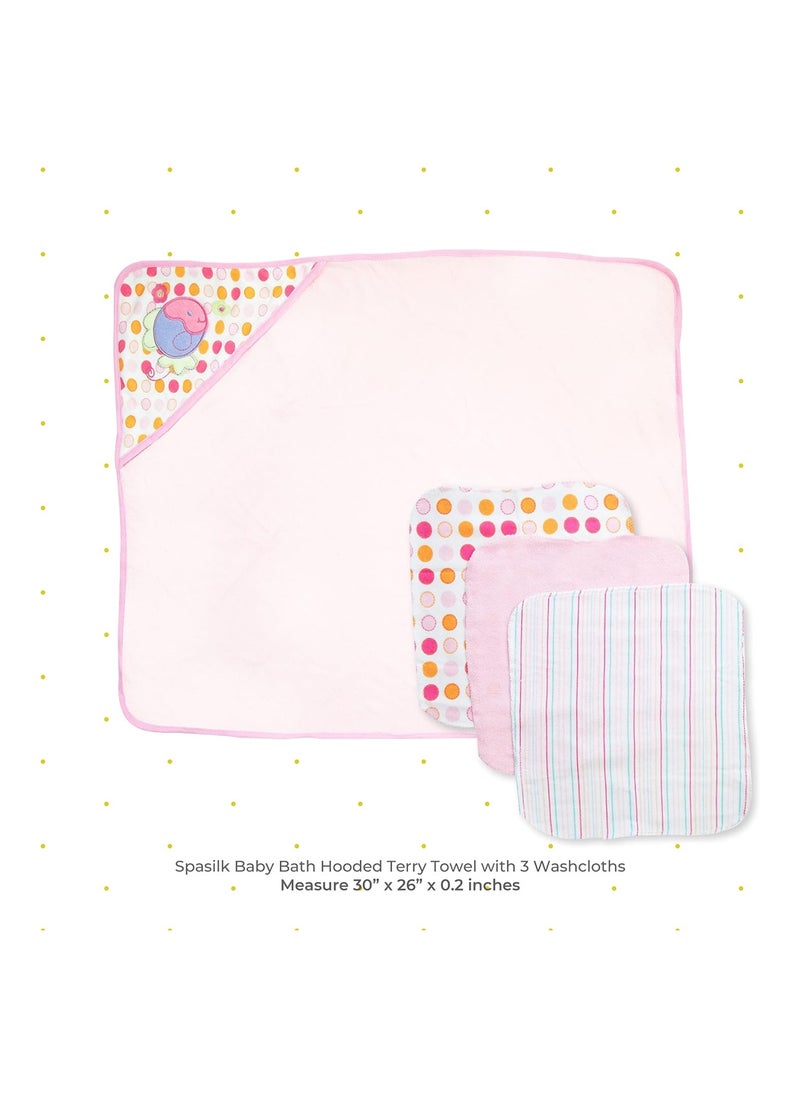 Bath 1 Hooded Terry Towel & 3 Washcloths Set For Babies, One Size, Pink Fish