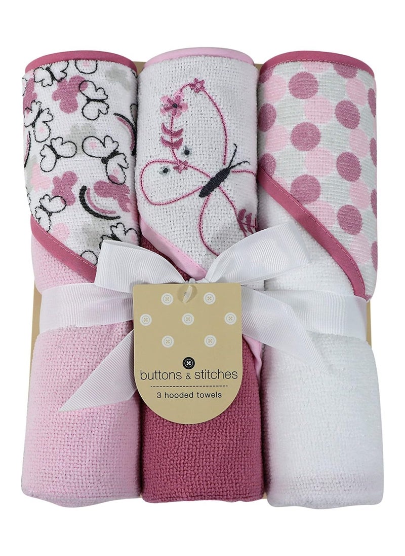 Buttons & Stitches Baby Girl 3 Pack Rolled/Carded Hooded Towels In Butterfly Polka Print