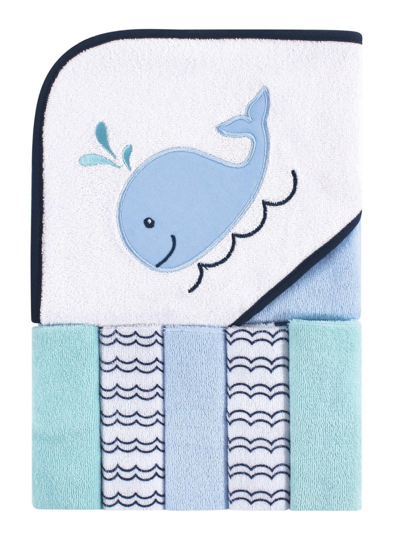 Unisex Baby Hooded Towel With Five Washcloths, Boy Whale, One Size