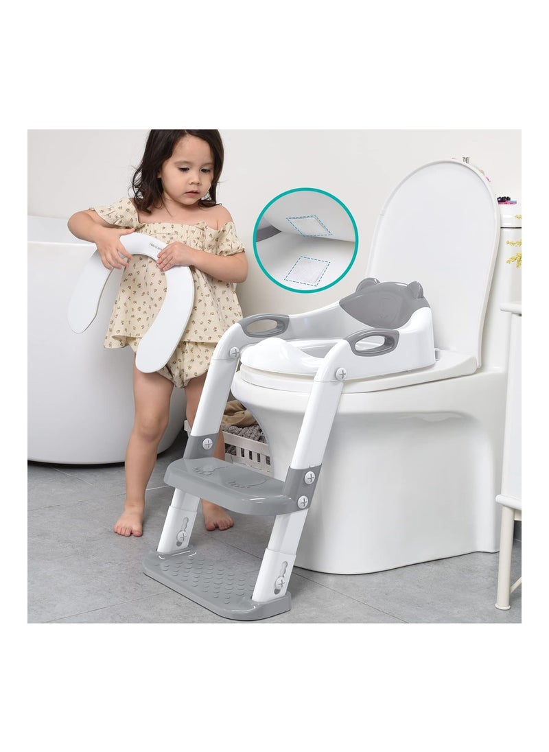 Potty Training Seat With Step Stool Ladder Splash Guard And Safety Handles Grey