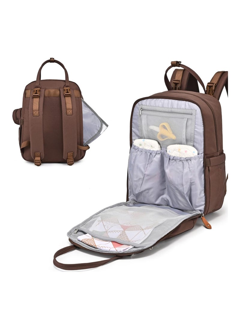 Diaper Bag Backpack, Baby Nappy Changing Bags Multifunction Waterproof Travel Back Pack With Changing Pad & Stroller Straps & Pacifier Case (Brown)