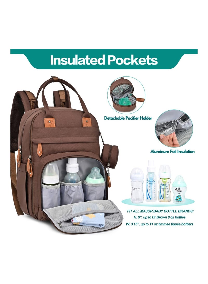 Diaper Bag Backpack, Baby Nappy Changing Bags Multifunction Waterproof Travel Back Pack With Changing Pad & Stroller Straps & Pacifier Case (Brown)