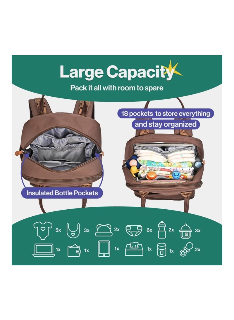 Diaper Bag Backpack, Baby Nappy Changing Bags Multifunction Waterproof Travel Back Pack With Changing Pad & Stroller Straps & Pacifier Case (Brown)