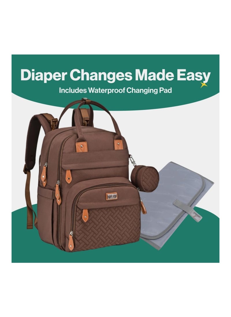 Diaper Bag Backpack, Baby Nappy Changing Bags Multifunction Waterproof Travel Back Pack With Changing Pad & Stroller Straps & Pacifier Case (Brown)