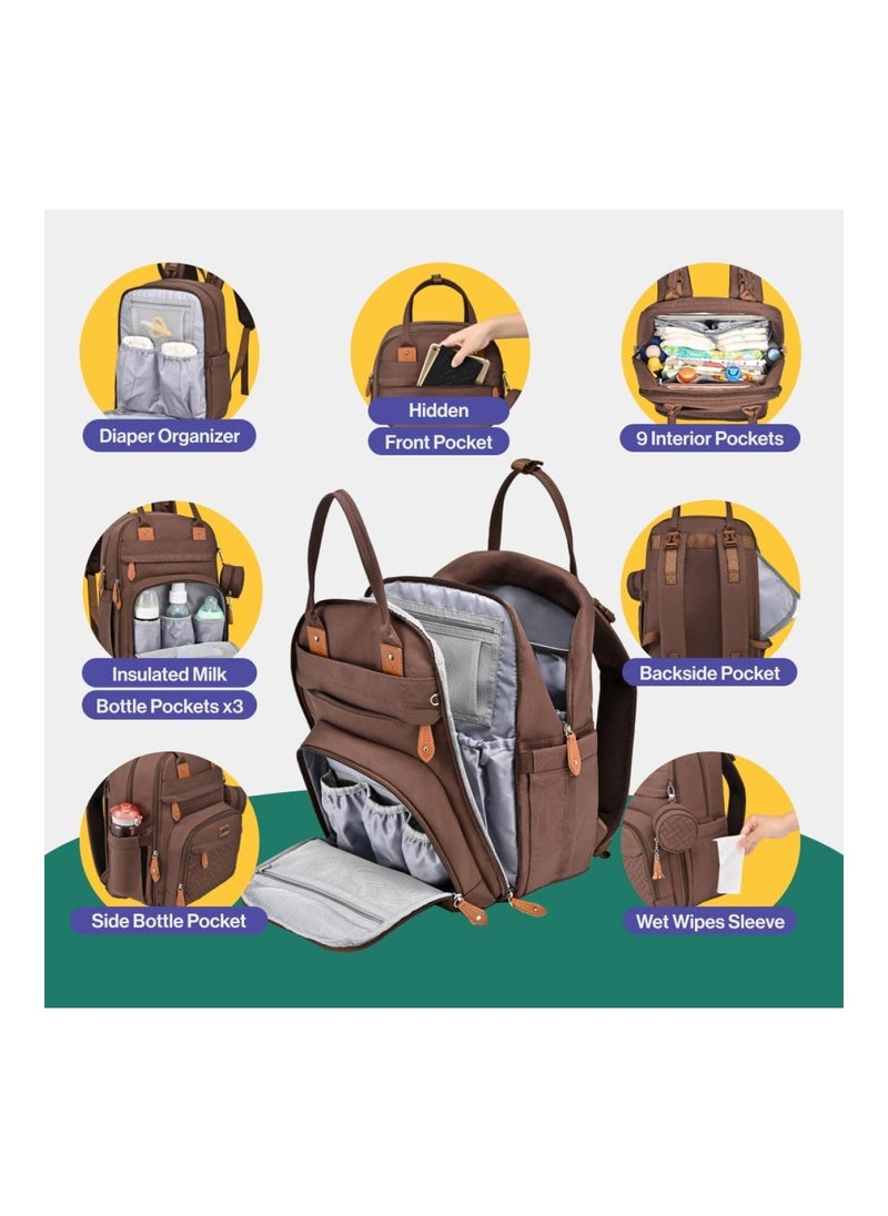 Diaper Bag Backpack, Baby Nappy Changing Bags Multifunction Waterproof Travel Back Pack With Changing Pad & Stroller Straps & Pacifier Case (Brown)