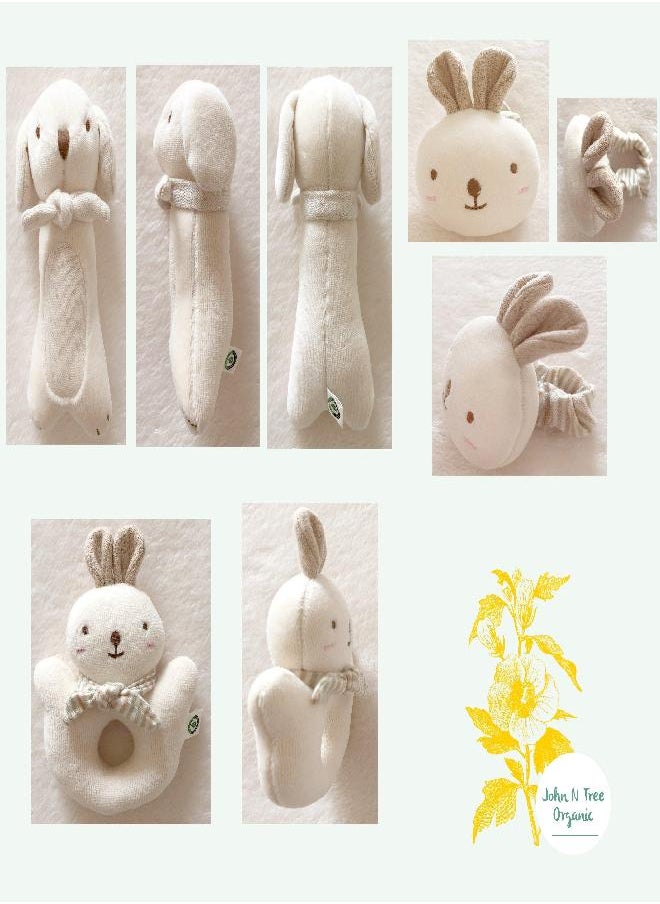 JOHN N TREE Organic Baby First Friends, Stuffed Animals (Puppy & Baby Rabbit Rattle Set) Attachment Doll for Baby