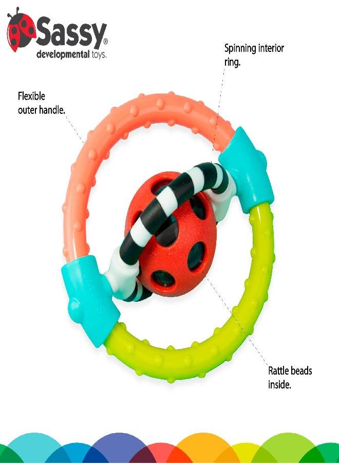 Sassy Spin and Chew Flex Ring Rattle with Dual Action Spinners, for Ages 0+ Months