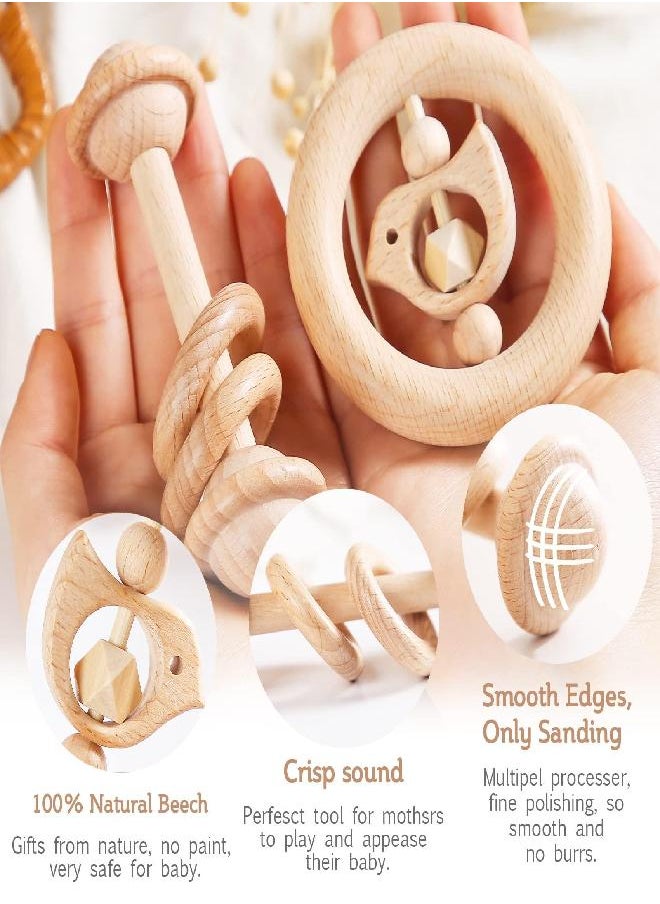 2pc Set Wooden Rattle Toys Beech Wood Ring Montessori Bird Shape Grasping Toddler Toys