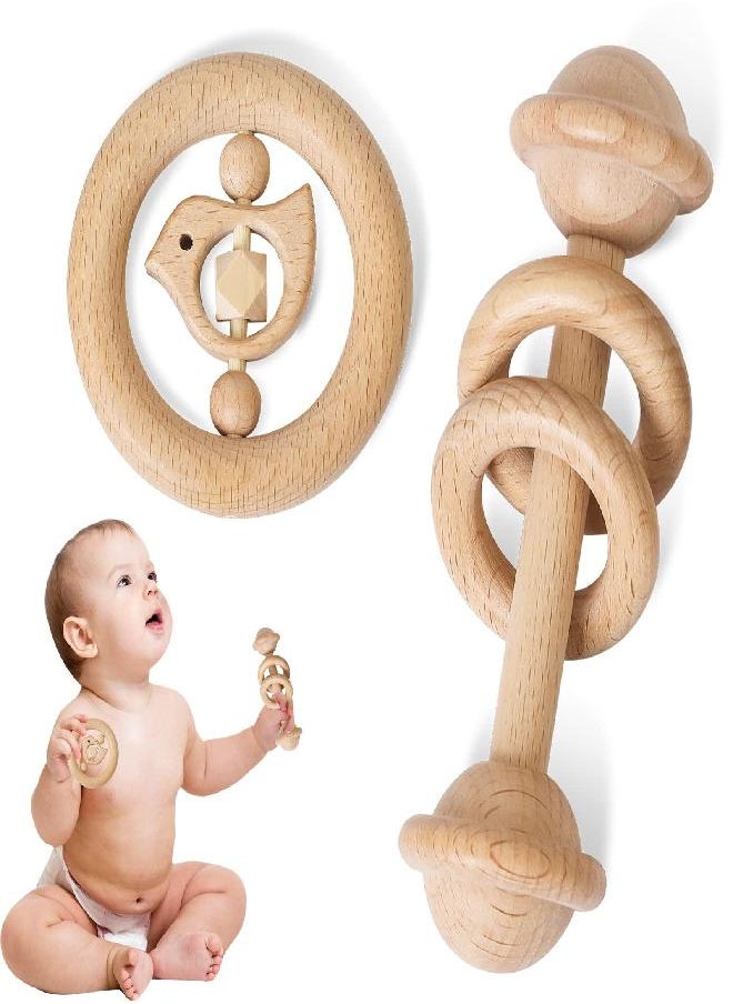 2pc Set Wooden Rattle Toys Beech Wood Ring Montessori Bird Shape Grasping Toddler Toys