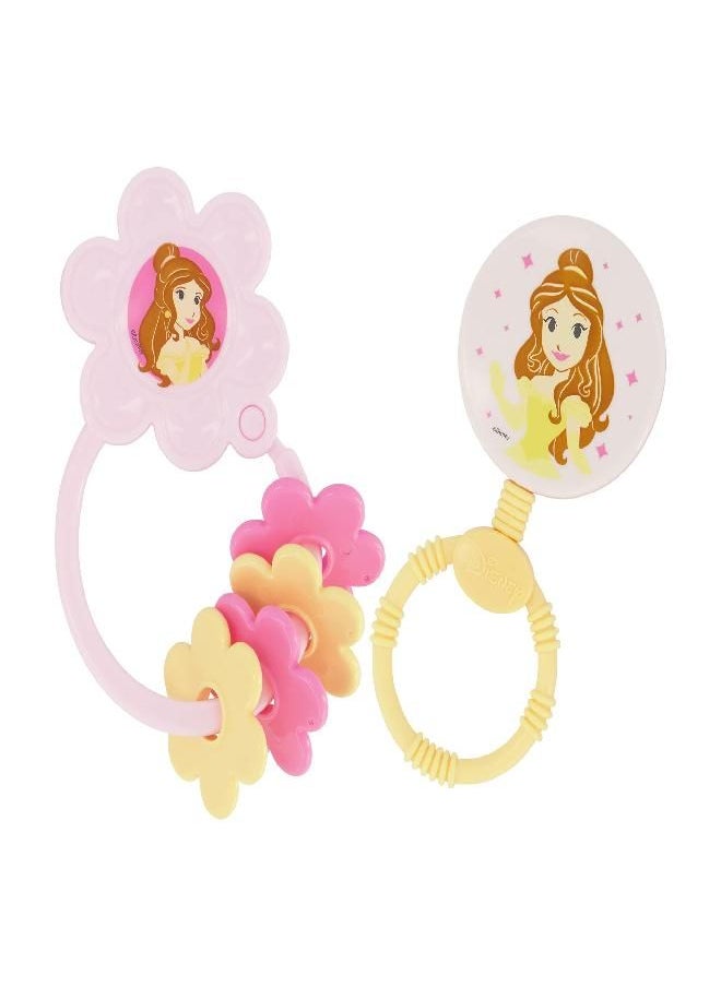 2 Pack Disney Princess Character Shape Rattle and Keyring Teether, Premium Toddler Birthday Toys, Infant Teething Toys, Great for Newborn Shower Gifts