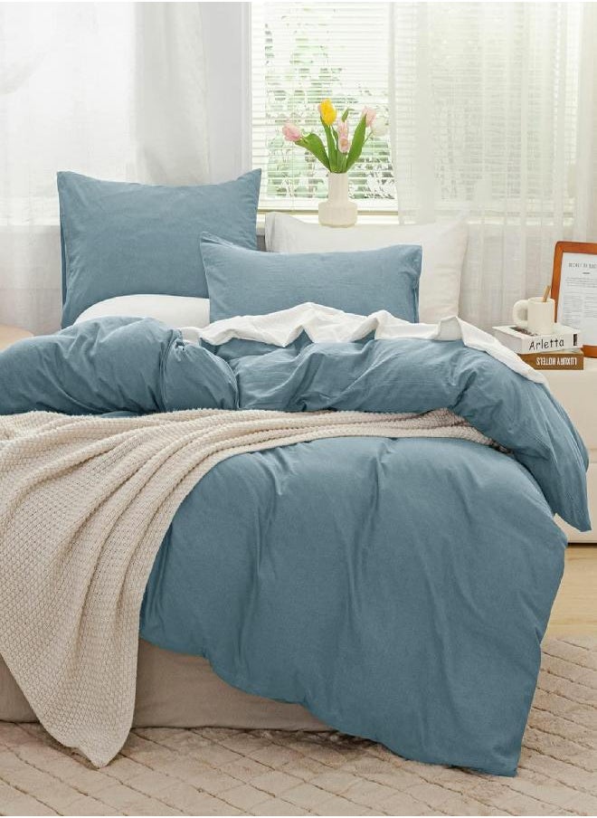 JELLYMONI Grayish Blue 100% Washed Cotton Duvet Cover Set, 2 Pieces Luxury Soft Bedding Set with Zipper Closure. Solid Color Pattern Duvet Cover Twin Size(No Comforter)