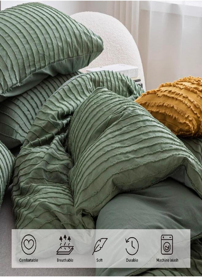 JELLYMONI Green Duvet Cover Twin Size - 3PCS Microfiber Tufted Duvet Cover Set, Boho Striped Tufted Textured Duvet Cover with Corner Ties & Zipper Closure