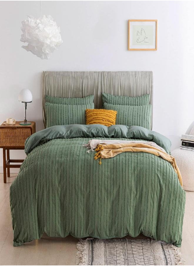 JELLYMONI Green Duvet Cover Twin Size - 3PCS Microfiber Tufted Duvet Cover Set, Boho Striped Tufted Textured Duvet Cover with Corner Ties & Zipper Closure