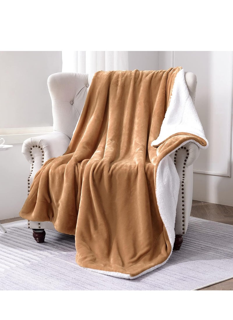 Double-Sided Super Soft Luxurious Plush Blanket Throw Size, Camel, 50x60 inches