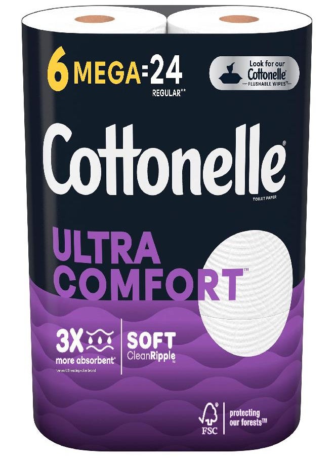 Cottonelle Ultra Comfort Toilet Paper, Strong Toilet Tissue, 6 Mega Rolls (6 Mega Rolls = 24 Regular Rolls), 268 Sheets per Roll, Packaging May Vary