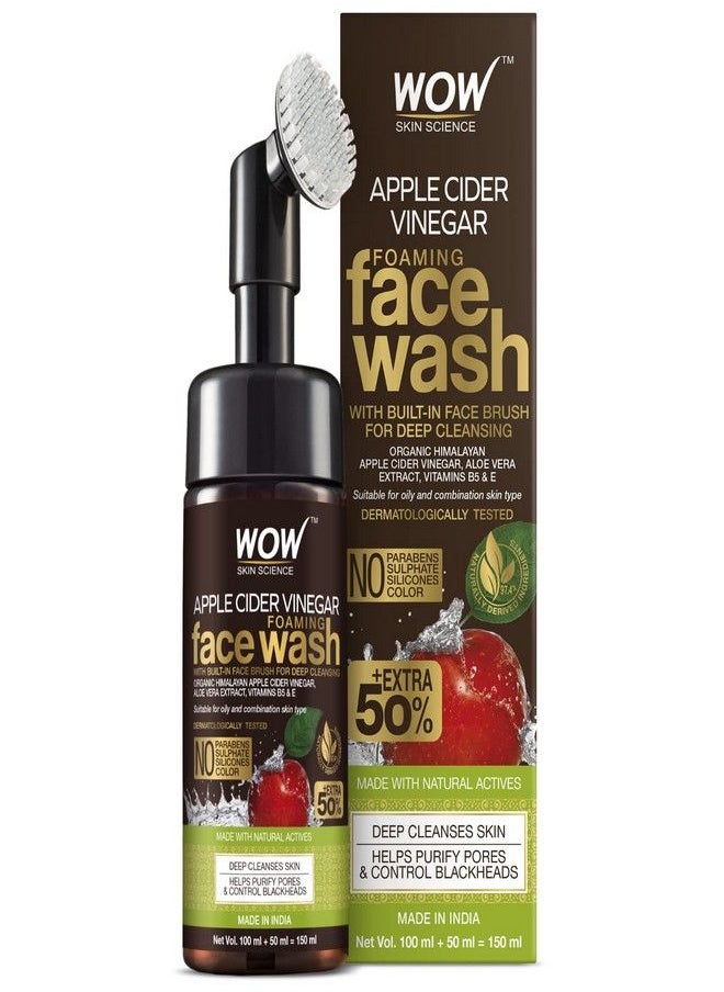 WOW Skin Science Apple Cider Vinegar Foaming Face Wash - with Organic Certified Himalayan Apple Cider Vinegar - No Parabens, Sulphate, Silicones & Color (with Built-in Brush) - 150mL