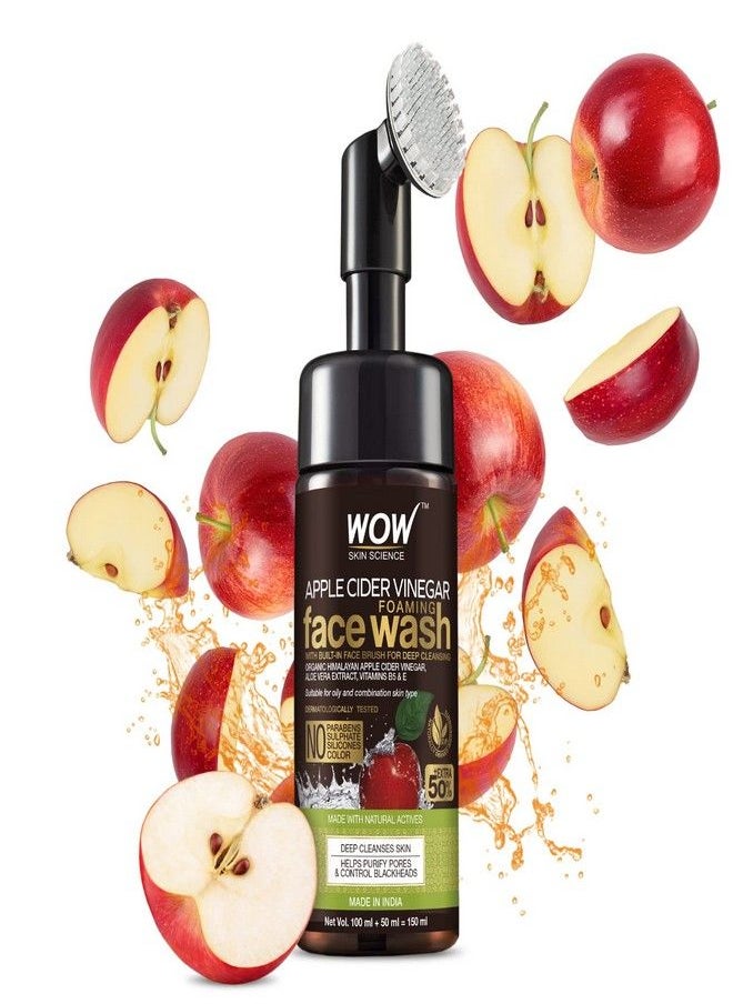 WOW Skin Science Apple Cider Vinegar Foaming Face Wash - with Organic Certified Himalayan Apple Cider Vinegar - No Parabens, Sulphate, Silicones & Color (with Built-in Brush) - 150mL