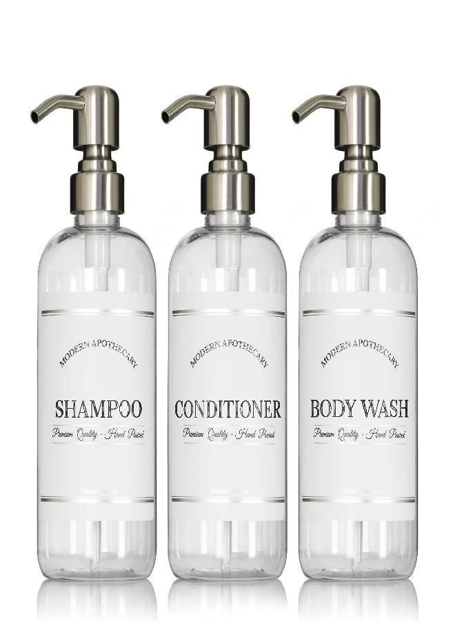 Clear Refillable Shampoo and Conditioner Bottles - Body Wash, Shampoo and Conditioner Dispenser - PET Plastic Shampoo Bottles Refillable with Pump - Waterproof Labels - 16 oz, 3 Pack (Stainless Steel)