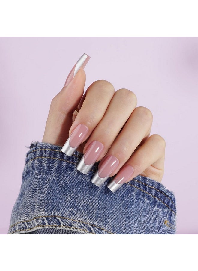 Chrome French Tip Press On Nails - Pre-Colored Quick And Easy Press On Nails Long Square Fake Nails With Designs Diy Gel Nail Tips 150Pcs, Silver