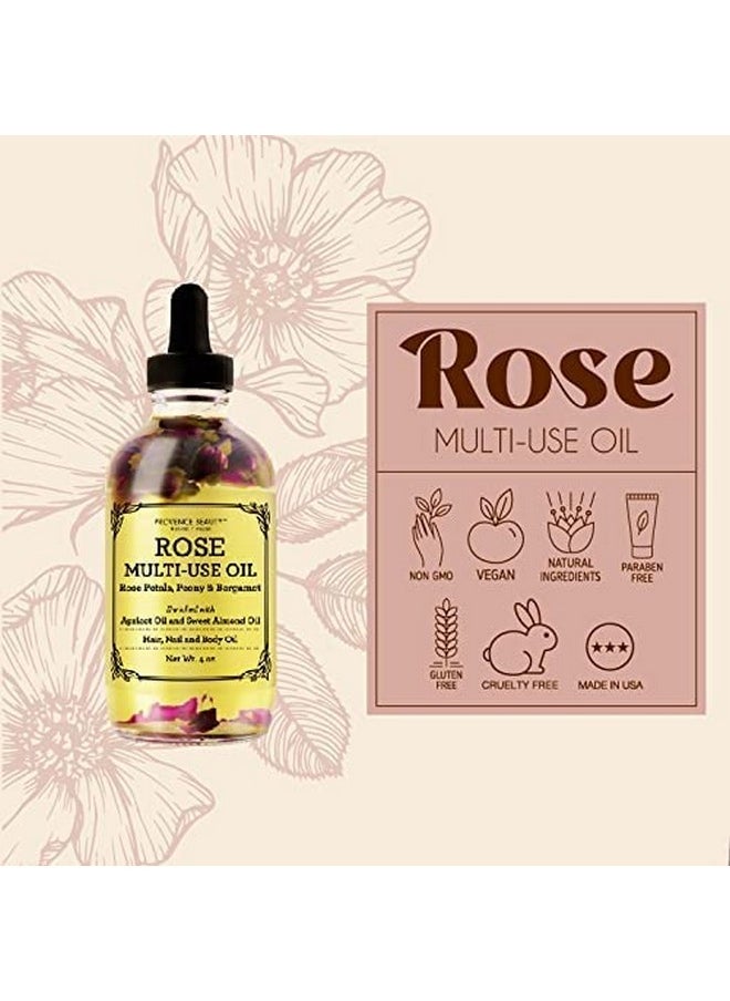 Multi-Use Oil For Face, Body And Hair - Organic Blend Of Apricot, Vitamin E And Sweet Almond Oil Moisturizer For Dry Skin, Scalp And Nails - Rose Petals, And Bergamot Essential Oil - 4 Fl Oz