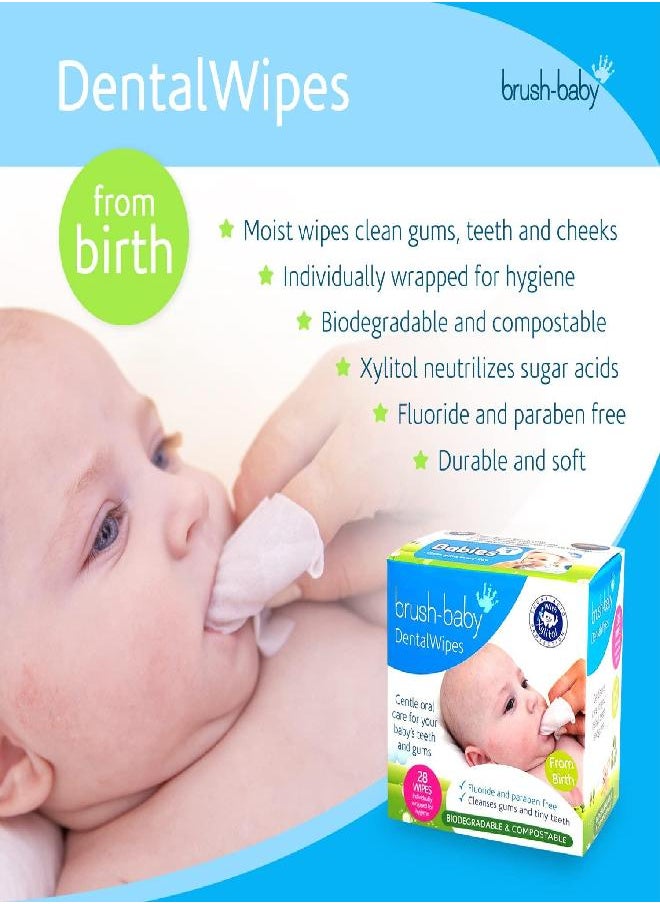 Brush Baby Teething Relief Dental Wipes for Ages 0-Toddler - Naturally Eliminate Teething Pain, Prevent Tooth Decay and Sour Milk Breath - 28 Finger Wipes