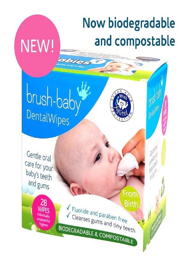 Brush Baby Teething Relief Dental Wipes for Ages 0-Toddler - Naturally Eliminate Teething Pain, Prevent Tooth Decay and Sour Milk Breath - 28 Finger Wipes