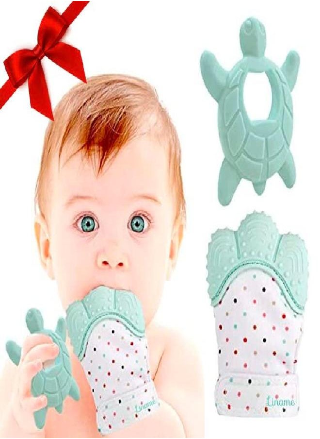 Liname 2 Pack Teething Mitten with Soothing Toy - Baby Chew Toy and Teething Glove- Infant Teething Mitten Crinkle Sound and Textured Silicone to Soothe Sore and Swollen Gums