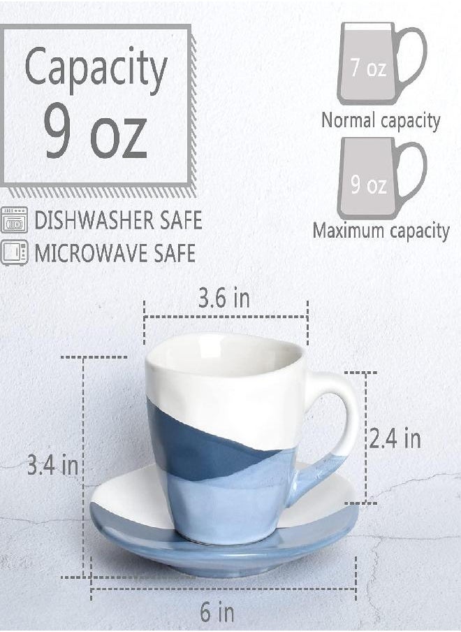 Bosmarlin Stoneware Coffee Cup Mug with Saucer Set of 2 for Latte, Cappuccino, Tea, Oz, Dishwasher and Microwave Safe (Geometric Blue, 2)