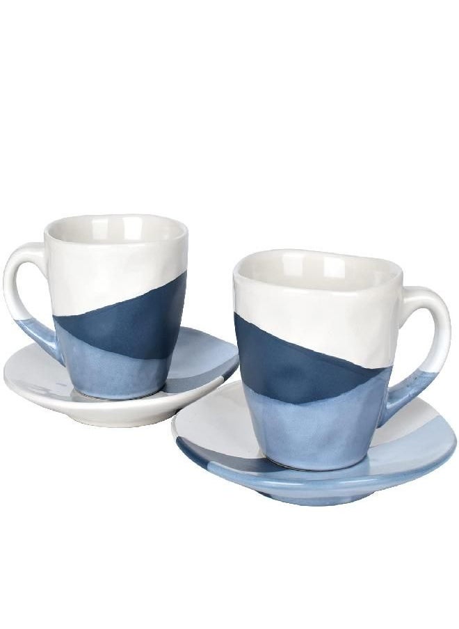 Bosmarlin Stoneware Coffee Cup Mug with Saucer Set of 2 for Latte, Cappuccino, Tea, Oz, Dishwasher and Microwave Safe (Geometric Blue, 2)