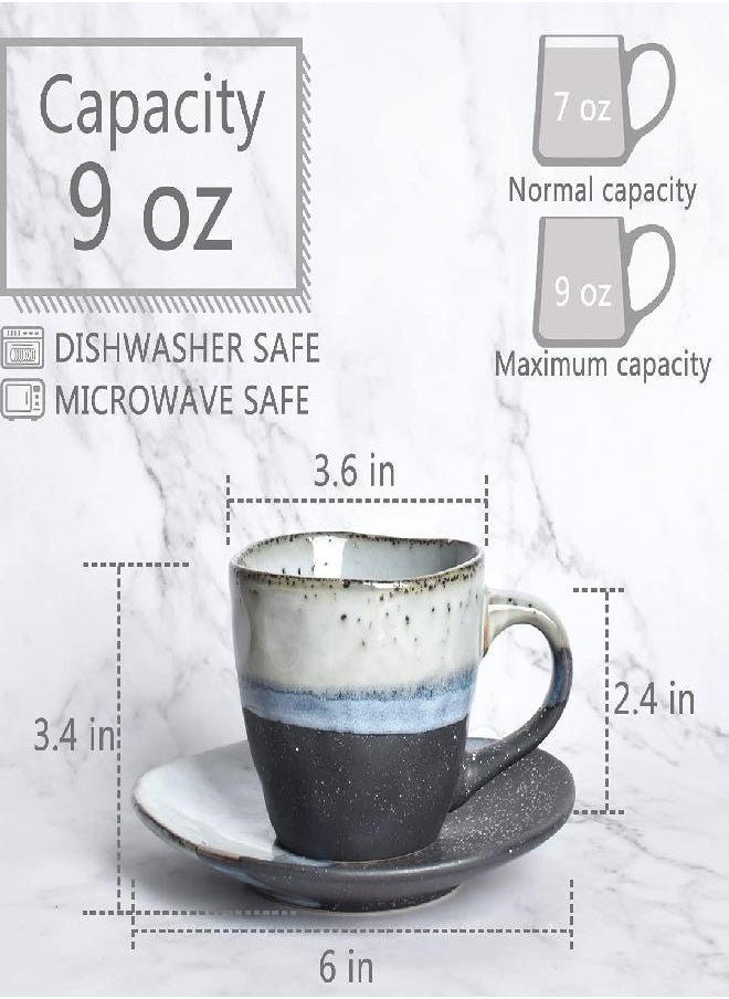 Bosmarlin Stoneware Coffee Cup Mug with Saucer Set of 2 for Latte, Cappuccino, Tea, Oz, Dishwasher and Microwave Safe (Black, 2)
