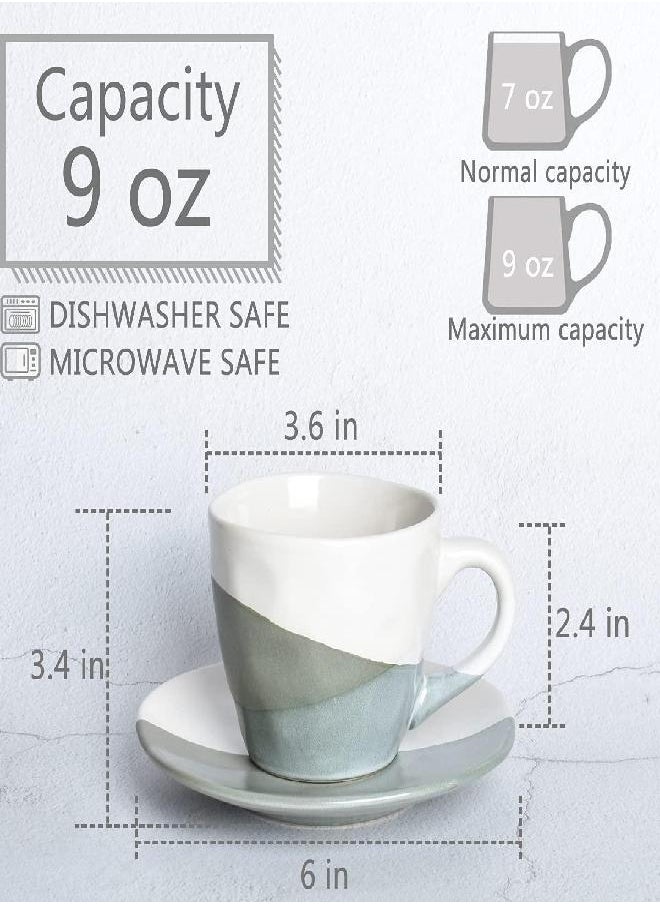 Bosmarlin Stoneware Coffee Cup Mug with Saucer Set of 2 for Latte, Cappuccino, Tea, Oz, Dishwasher and Microwave Safe (Geometric Green, 2)