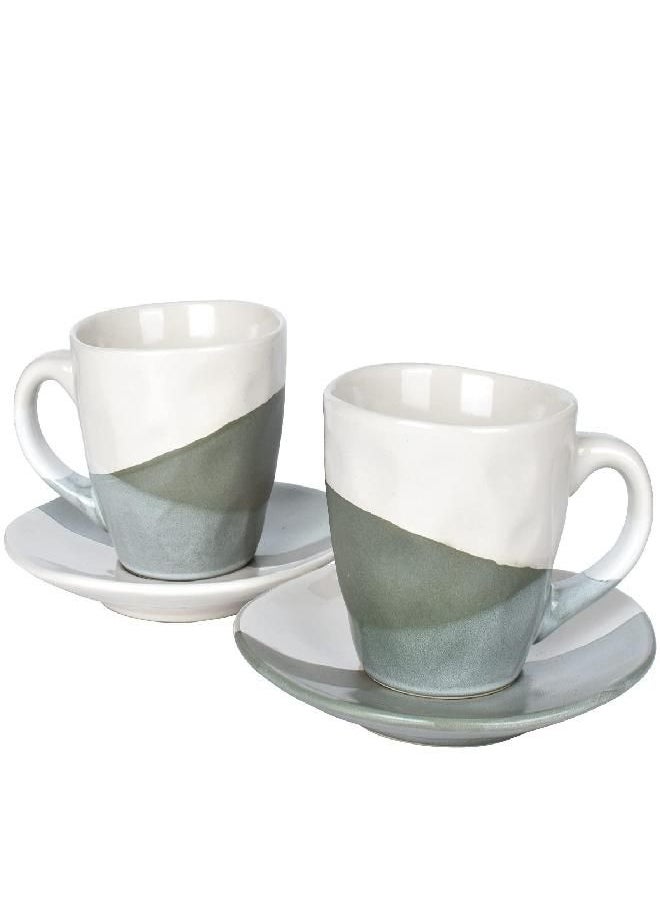 Bosmarlin Stoneware Coffee Cup Mug with Saucer Set of 2 for Latte, Cappuccino, Tea, Oz, Dishwasher and Microwave Safe (Geometric Green, 2)