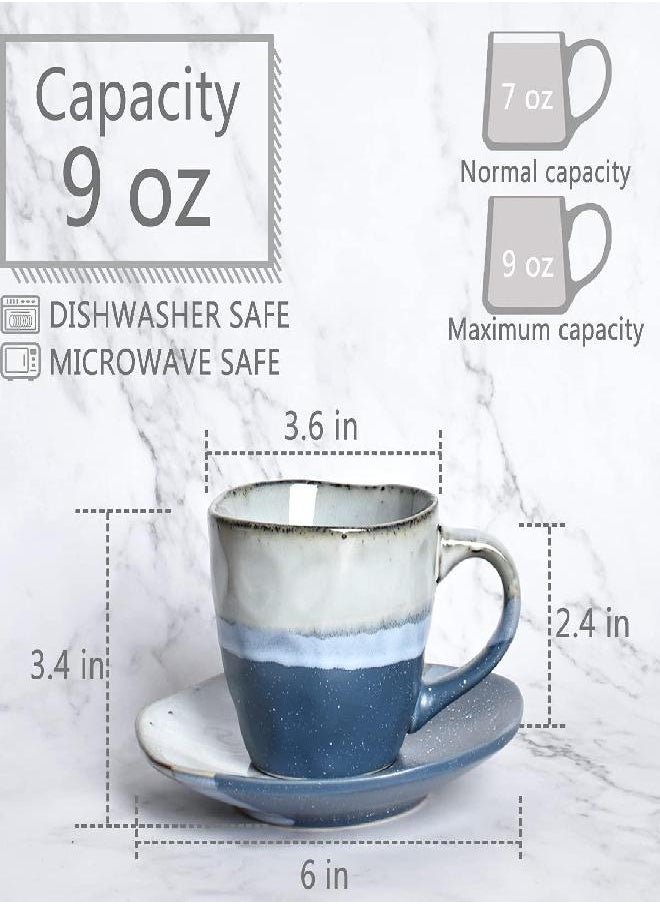 Bosmarlin Stoneware Coffee Cup Mug with Saucer Set of 2 for Latte, Cappuccino, Tea, Oz, Dishwasher and Microwave Safe (Blue, 2)