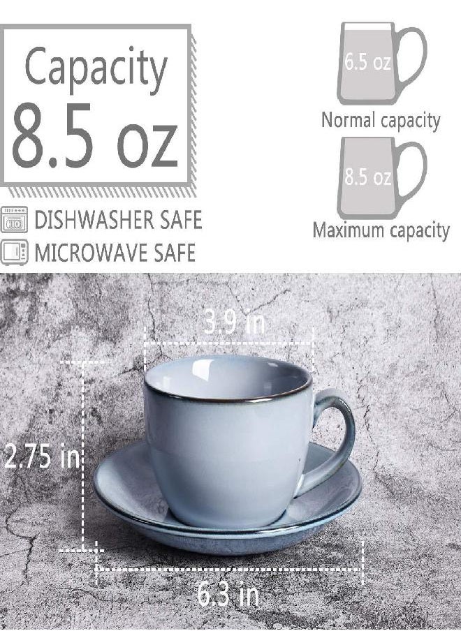 Bosmarlin Ceramic Coffee Cup Mug with Saucer Set of 2 for Latte, Cappuccino, Tea, 8.5 Oz, Dishwasher and Microwave Safe(Grey&Blue, 2)