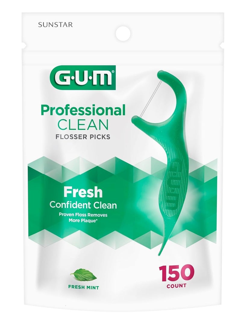 GUM Professional Clean Floss Picks - Extra Strong Shred-Resistant Floss, Easy Grip Handle - Dental Flossers for Adults - Fresh Mint Flavor, 150ct