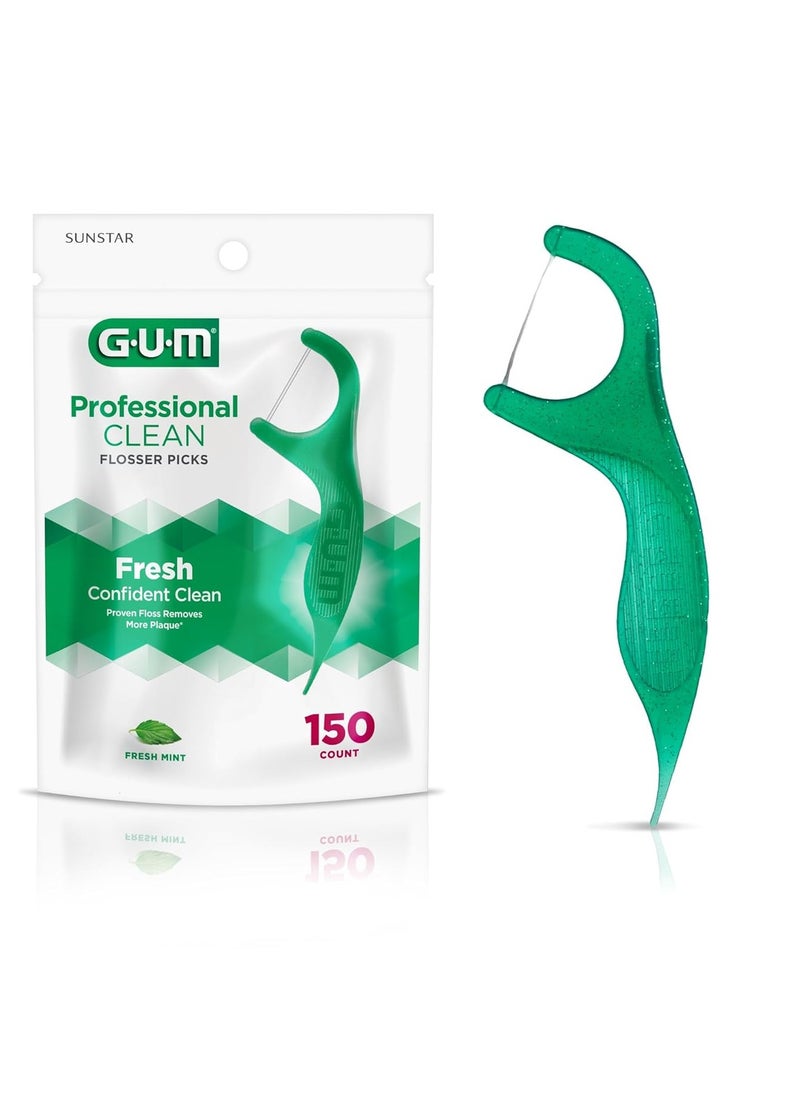 GUM Professional Clean Floss Picks - Extra Strong Shred-Resistant Floss, Easy Grip Handle - Dental Flossers for Adults - Fresh Mint Flavor, 150ct