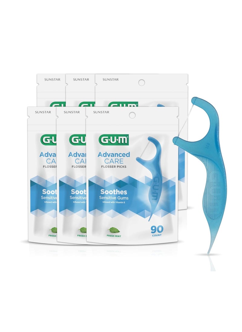 GUM Advanced Care Floss Picks - Dental Flossers for Adults with Vitamin E and Fluoride - Extra Strong Shred-Resistant Dental Floss, Easy Grip Handle, Fresh Mint Flavor, 90 ct (6pk)